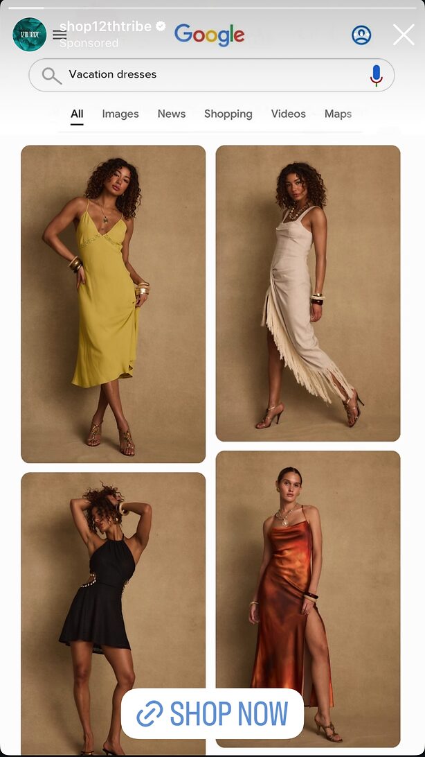 Four women pose in different sleeveless vacation dresses—yellow, beige, black, and orange—against a plain tan backdrop. "Shop Now" button is visible at the bottom.