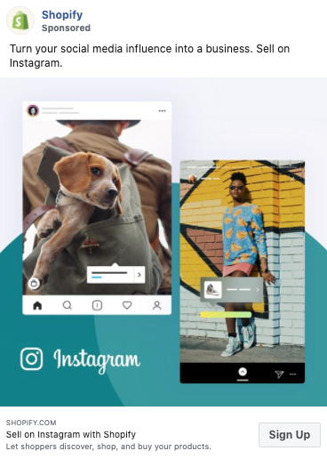 Two Instagram posts are shown: one of a dog in a backpack and one of a person posing in front of a striped wall. Shopify ad promotes selling on Instagram.