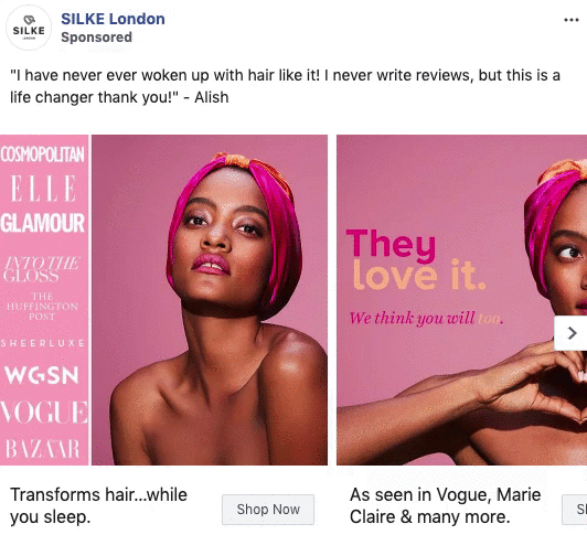 A woman with smooth, shiny hair and a pink headscarf poses against a pink background in an ad for a hair product by SILKE London. Text highlights press coverage and product benefits.