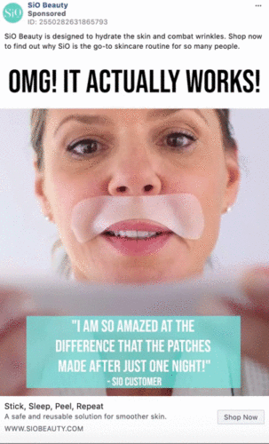A woman applies two adhesive patches to her forehead and under her eyes as part of a skincare routine, with text praising the effectiveness of the product.