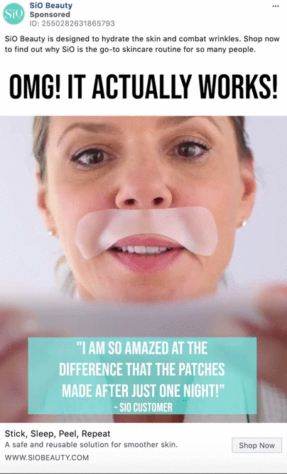 A woman applies two adhesive patches to her forehead and under her eyes as part of a skincare routine, with text praising the effectiveness of the product.