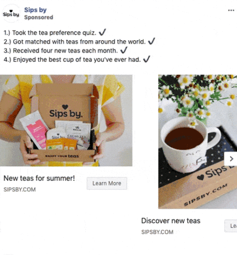 A person holds an open Sips by box containing assorted tea packets; beside it is a photo of a cup of tea and the box on a table with flowers.
