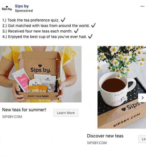 A person holds an open Sips by box containing assorted tea packets; beside it is a photo of a cup of tea and the box on a table with flowers.