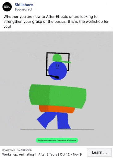 Animated graphic of a simple, abstract character walking; Skillshare logo and text promoting an After Effects basics workshop shown above.