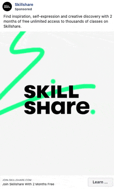 Skillshare ad featuring the text "SKILLSHARE" in bold black letters with a green squiggle above, promoting two months of free access to online classes.
