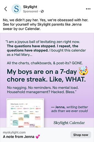 A Facebook ad for Sklyight Calendar features a testimonial about simplifying household chores, with a quote from a parent and an image of the calendar interface.