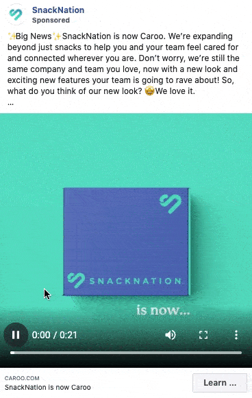 A brief animated video announces SnackNation rebranding to Caroo, showing a blue box with both logos and text highlighting the new name and look.
