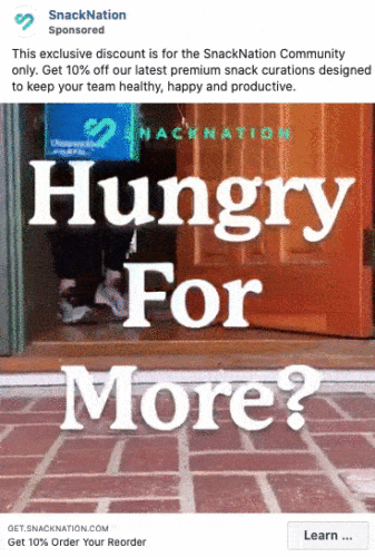 A doorstep delivery of a SnackNation box is opened, revealing assorted snacks inside, with overlaid text promoting a 10% discount on snack orders for the SnackNation community.