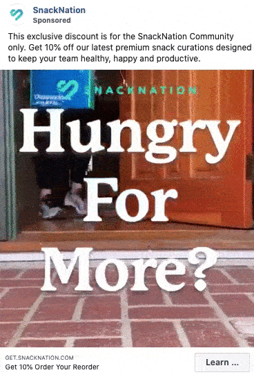 A doorstep delivery of a SnackNation box is opened, revealing assorted snacks inside, with overlaid text promoting a 10% discount on snack orders for the SnackNation community.