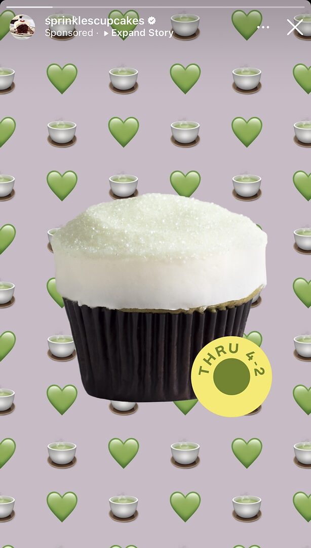 A matcha cupcake with white frosting is centered over a background with repeating patterns of green hearts and matcha bowls. A yellow circle displays "THRU 4-2.