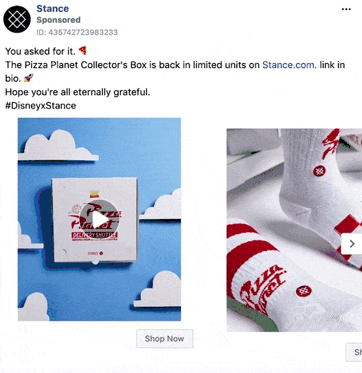 A Pizza Planet Collector's Box displayed on a blue background is shown on the left; on the right, feet wear white socks with a Pizza Planet design.