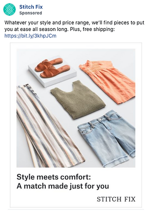 Flat lay of women's summer clothing and footwear, including sandals, an orange top, a green tank top, a striped skirt, and denim shorts, with Stitch Fix branding.