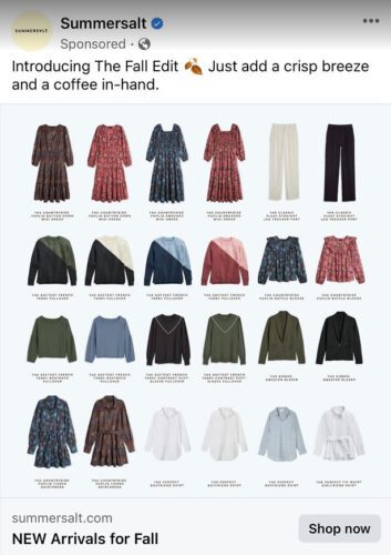 A collection of women's fall clothing items, including dresses, pants, blouses, and sweaters, arranged in a grid layout with various colors and patterns.