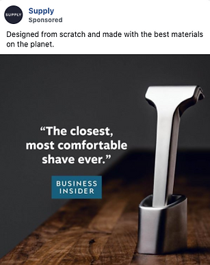 A sleek metal razor in a matching stand is displayed on a wooden surface, with a Business Insider quote praising its comfort and closeness.