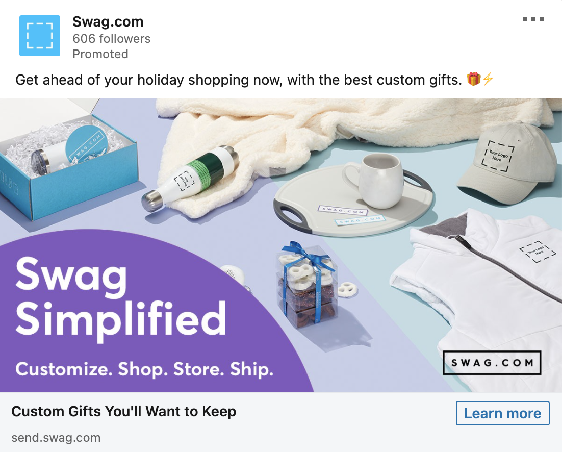 A variety of custom gift items, including a mug, water bottle, cap, polo shirt, cookies, and a box, are displayed on a flat surface beside a "Swag Simplified" promotional banner.