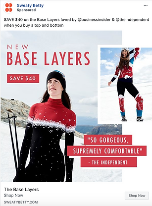 Two women wearing red and black patterned base layers stand in snowy outdoor settings. An ad promotes $40 off when buying a top and bottom from Sweaty Betty.