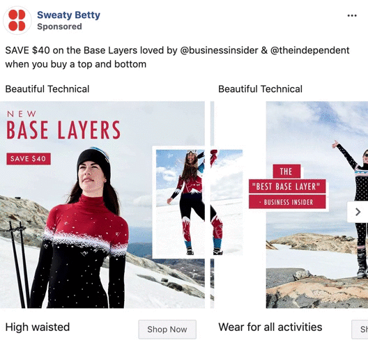 Two women wear patterned base layers in a snowy outdoor setting; text highlights a $40 discount on top and bottom sets, with endorsements from Business Insider and The Independent.