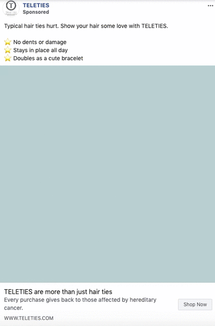 Facebook ad for TELETIES hair ties highlighting benefits like no dents, all-day hold, and wearable as a bracelet, with a note about supporting those affected by hereditary cancer.