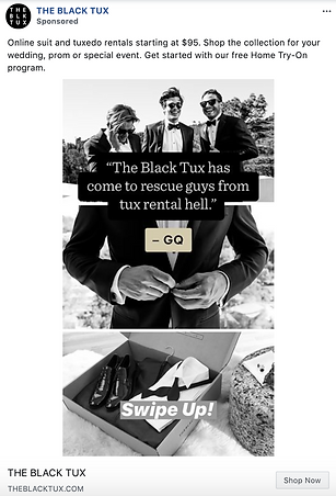 Three men in tuxedos stand together outdoors. Below, a person opens a box containing formal shoes, a bow tie, and accessories. Text promotes tuxedo rentals starting at $95 from The Black Tux.