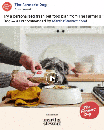 A person pours fresh pet food from a The Farmer's Dog package into a dog's bowl on a kitchen counter. Text promotes the brand as recommended by MarthaStewart.com.