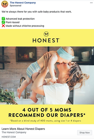 A woman lifts and kisses a baby in a kitchen. Text promotes Honest Company diapers as safe, plant-based, and chlorine-free, with 4 out of 5 moms recommending them.