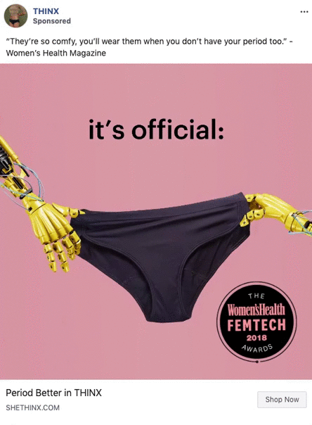 A pair of robotic hands holds up black underwear against a pink background with the text “it’s official” and a Women’s Health Femtech 2018 Awards badge.