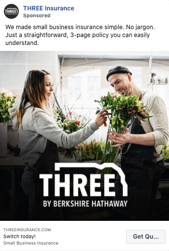 A woman and a man arrange flowers together in a shop, with the text "THREE by Berkshire Hathaway" displayed prominently.