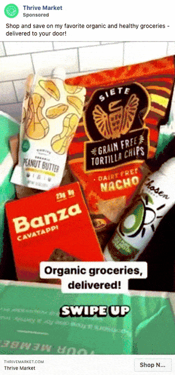 A box containing Siete tortilla chips, Banza cavatappi pasta, peanut butter, and other groceries, with text reading "Organic groceries, delivered!.