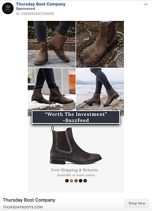 A collage of brown Chelsea boots being worn outdoors, shown from various angles, with a product photo and a quote saying, "Worth The Investment" - BuzzFeed.
