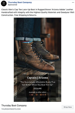 A person wearing rugged brown leather lace-up boots with rolled-up jeans, standing indoors on a wooden floor. Text overlay features product details and a quote from Esquire magazine.