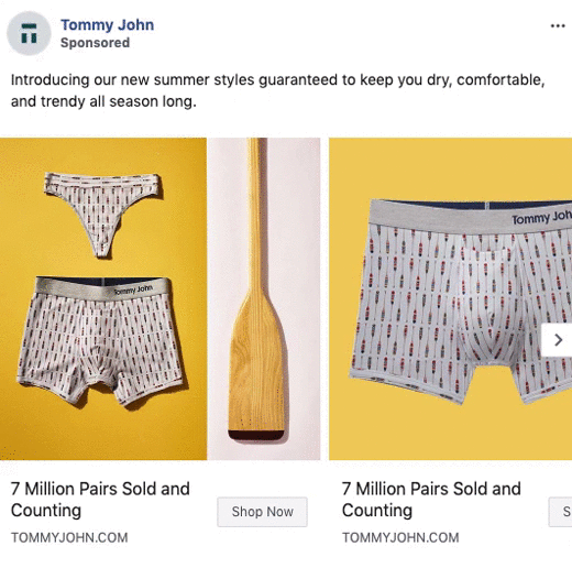 Two images of matching patterned underwear are displayed, separated by a wooden paddle, as part of a Tommy John summer styles advertisement.