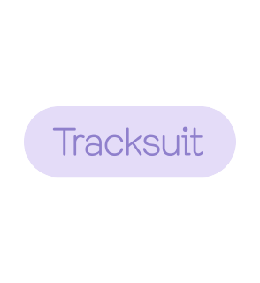 A rounded rectangular button with a light purple background displays the word "Tracksuit" in purple text.