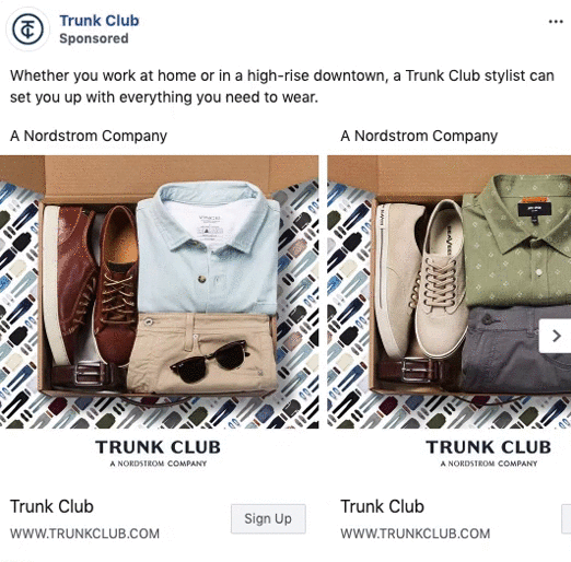 Two Trunk Club clothing boxes are shown, each containing a folded shirt, pants, shoes, and sunglasses, displayed on a patterned surface.