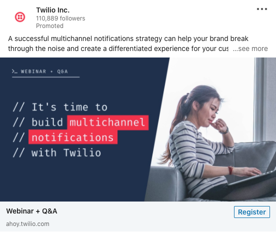 A woman sits at a desk with a laptop. The image includes text: "It's time to build multichannel notifications with Twilio." A "Register" button appears at the bottom.