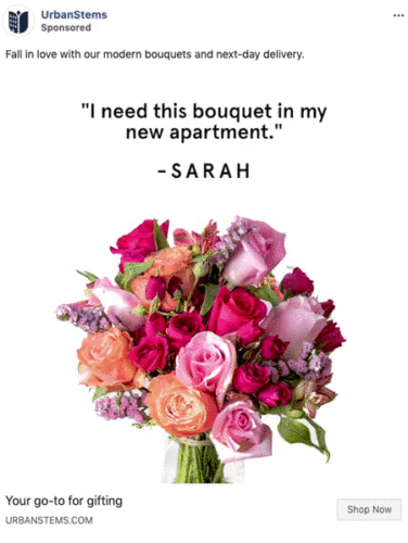 A colorful bouquet of pink, peach, and purple flowers in a glass vase is shown with a testimonial quote and UrbanStems branding.