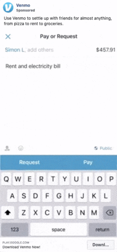 A Venmo app screen shows a payment request for $457.91 labeled "Rent and electricity bill," with a keyboard visible and a blue "Request" button highlighted.