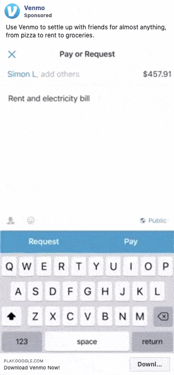 A Venmo app screen shows a payment request for $457.91 labeled "Rent and electricity bill," with a keyboard visible and a blue "Request" button highlighted.
