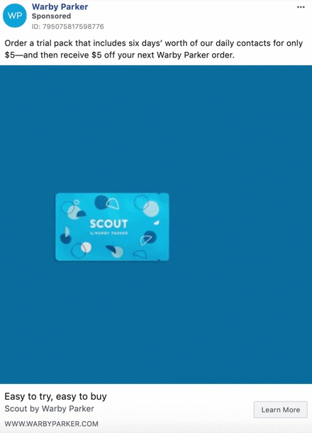 A blue Scout by Warby Parker trial pack of daily contact lenses is centered on a plain blue background.
