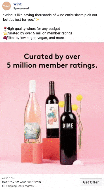 Three wine bottles stand on pink blocks with yellow flowers against a pink background. Text highlights Winc’s selection, curation, and personalization of wines based on member ratings.