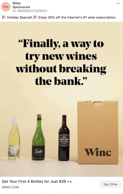 Three wine bottles and a Winc box are displayed in front of a beige background with text promoting affordable wine subscriptions.