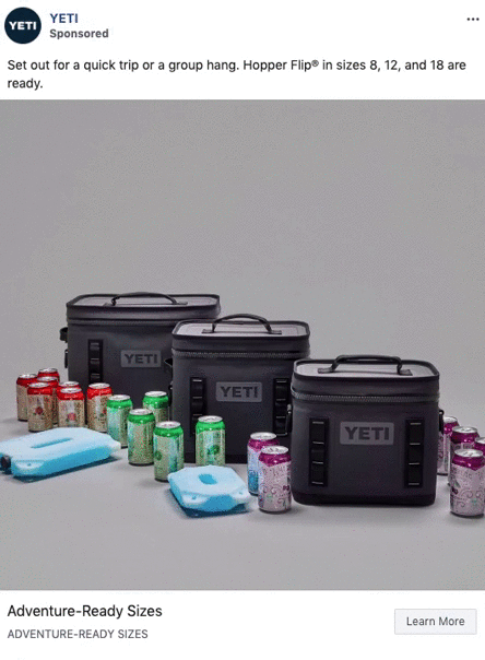 Three YETI Hopper Flip coolers in different sizes are shown with grouped soda cans, bottles, and ice packs on a plain background.