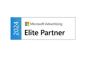 Microsoft Advertising 2024 Elite Partner badge with the Microsoft logo on a white background.