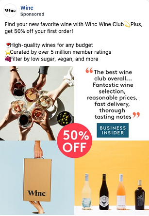 A Winc wine club ad featuring wine bottles, people toasting drinks, a 50% off badge, a Winc box, and a Business Insider review quote.