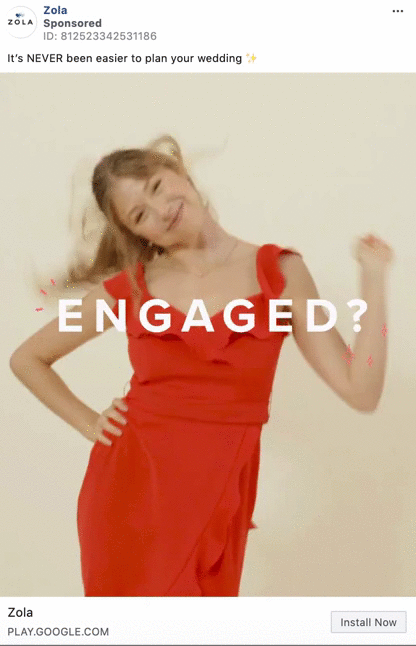 A woman in a red dress smiles and poses with the word "ENGAGED?" displayed across the image. The ad promotes Zola, a wedding planning service.