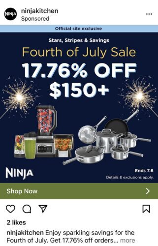 Fourth of July sale ad offering 17.76% off orders over $150, featuring Ninja kitchen appliances and cookware, with sparklers in the background. Sale ends July 6.
