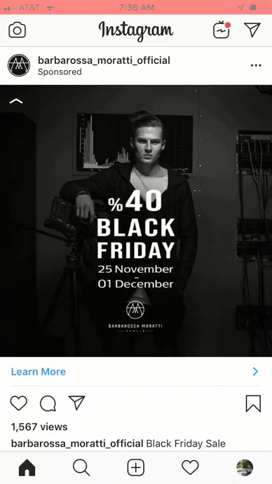 A person stands in a dark room with equipment behind them. Text reads “%40 BLACK FRIDAY 25 November 01 December Barbarossa Moratti.” Instagram interface is visible.
