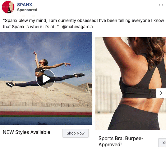 Facebook ad for Spanx featuring a woman doing a split jump on a track field and a close-up of a woman wearing a black sports bra. Text promotes new styles and highlights a customer review.