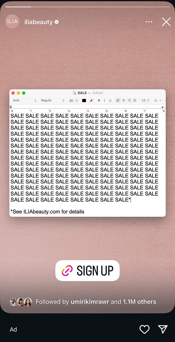 A computer document repeatedly displays the word "SALE" in a grid format, with a note below reading "*See Iliabeauty.com for details." The screen is set against a pink background.