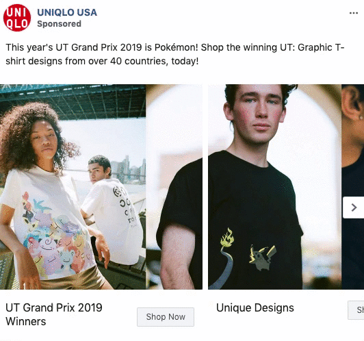 Three models wear graphic T-shirts featuring Pokémon and abstract designs in an ad for UNIQLO’s UT Grand Prix 2019, with text promoting the winning T-shirt designs.