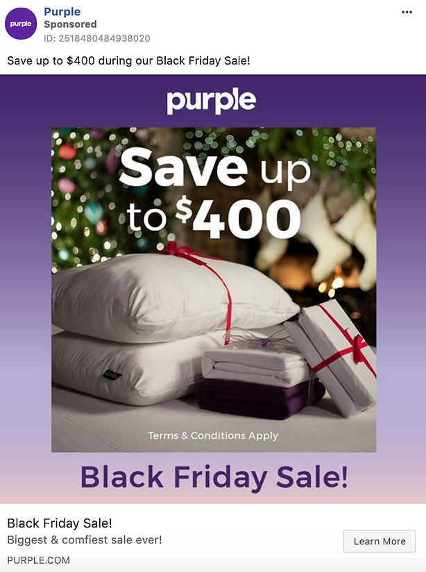 Promo image for Purple’s Black Friday Sale featuring pillows, sheets, and a gift box in front of a decorated tree, with text: “Save up to $400. Black Friday Sale!”.